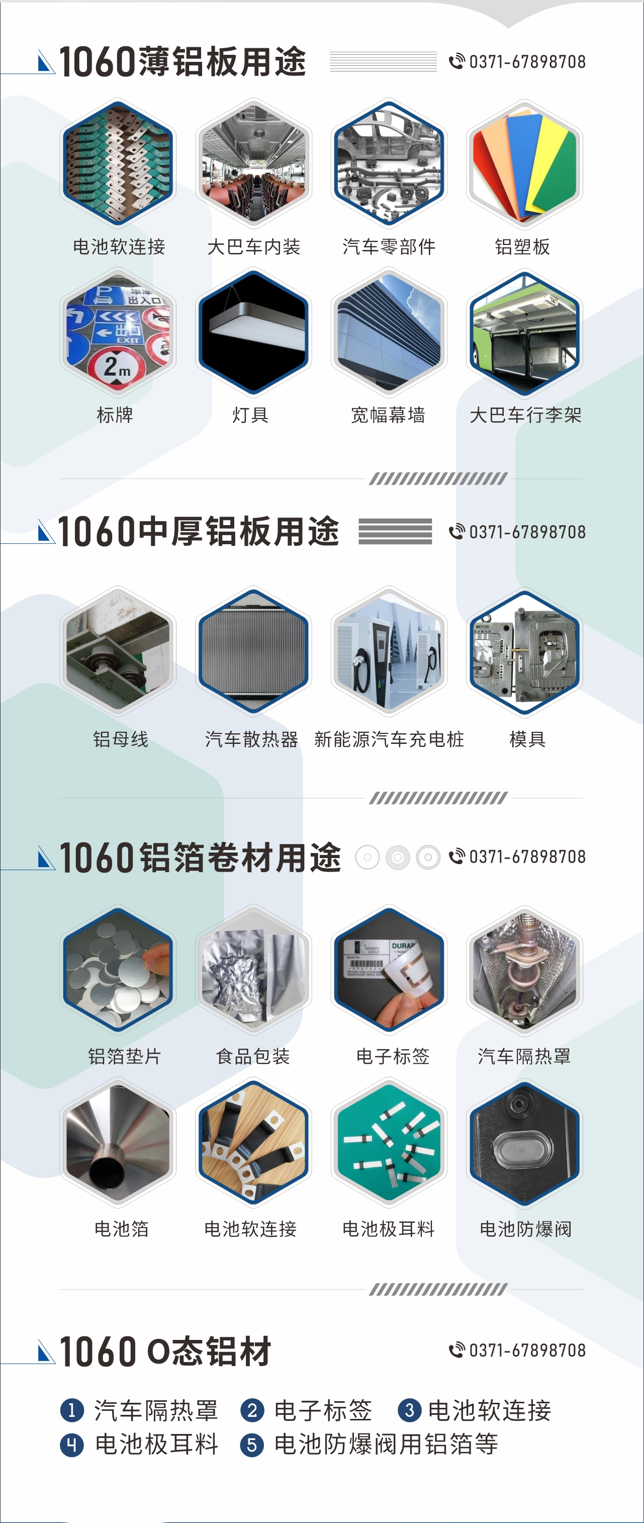 1060鋁闆卷用(yong)途
1060鋁薄闆用(yong)途: 電(dian)池軟連接、大(da)巴車(che)內(nei)裝(zhuang)、汽車(che)零部(bu)件、鋁塑闆、标牌、燈具(ju)、寬幅幕牆、大(da)巴車(che)行李架/地闆/花(huā)紋闆(宇通(tong)公(gōng)司使用(yong))等(deng);1060中(zhong)厚鋁闆用(yong)途:鋁母線(xiàn)、汽車(che)散熱器(qi)、新(xin)能(néng)源汽車(che)充電(dian)樁、模具(ju)等(deng);1060鋁箔卷材(cai)用(yong)途:鋁箔墊片、食品(pin)包裝(zhuang)、電(dian)子(zi)标簽、汽車(che)隔熱罩用(yong)鋁箔、電(dian)池箔、電(dian)池軟連接、電(dian)池極耳料、電(dian)池防爆閥等(deng);1060-O态鋁材(cai)用(yong)途:汽車(che)隔熱罩、電(dian)子(zi)标簽、電(dian)池軟連接、電(dian)池極耳料、電(dian)池防爆閥用(yong)鋁箔等(deng);1060鋁闆多(duo)少錢1噸.1060鋁闆價格=髮(fa)貨當天長(zhang)江(jiang)鋁錠價+加(jia)工(gong)費